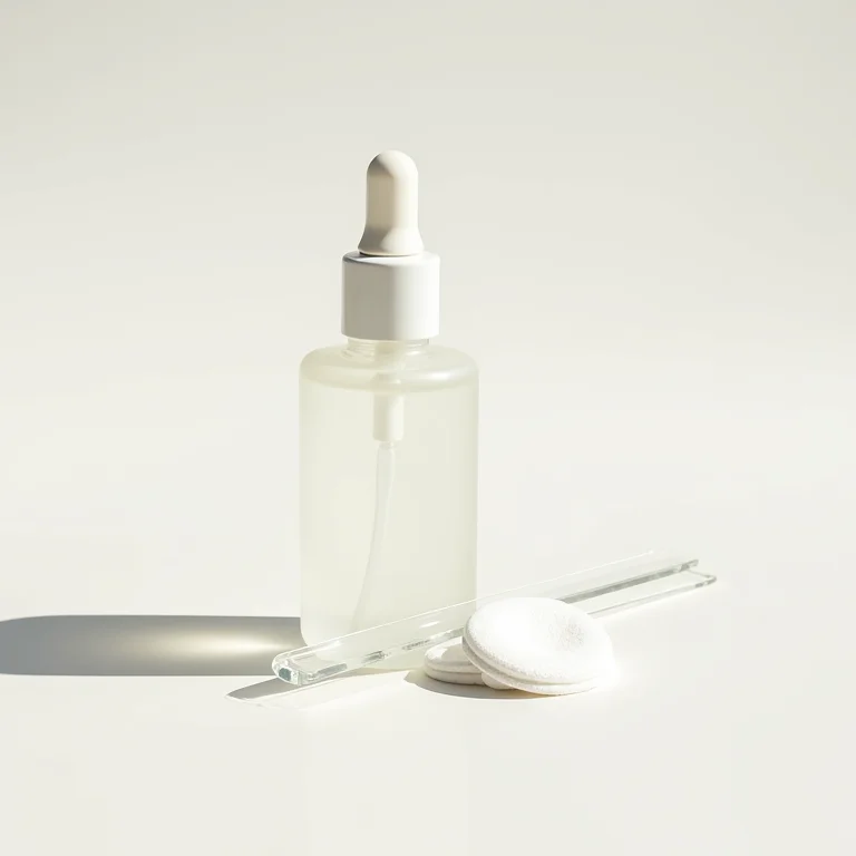 Frasco de removedor de esmaltes sem acetona com acessórios de manicure.