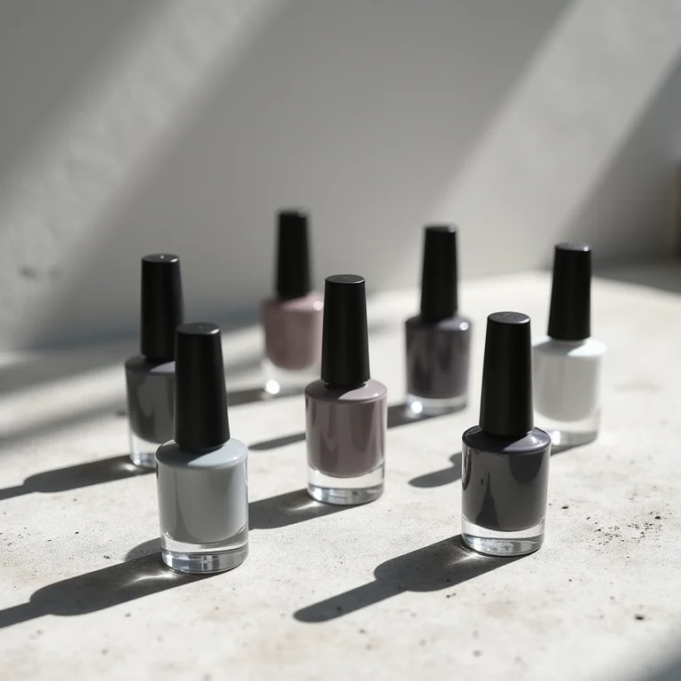 Frascos de esmalte cinza em diferentes tons sobre superfície de concreto