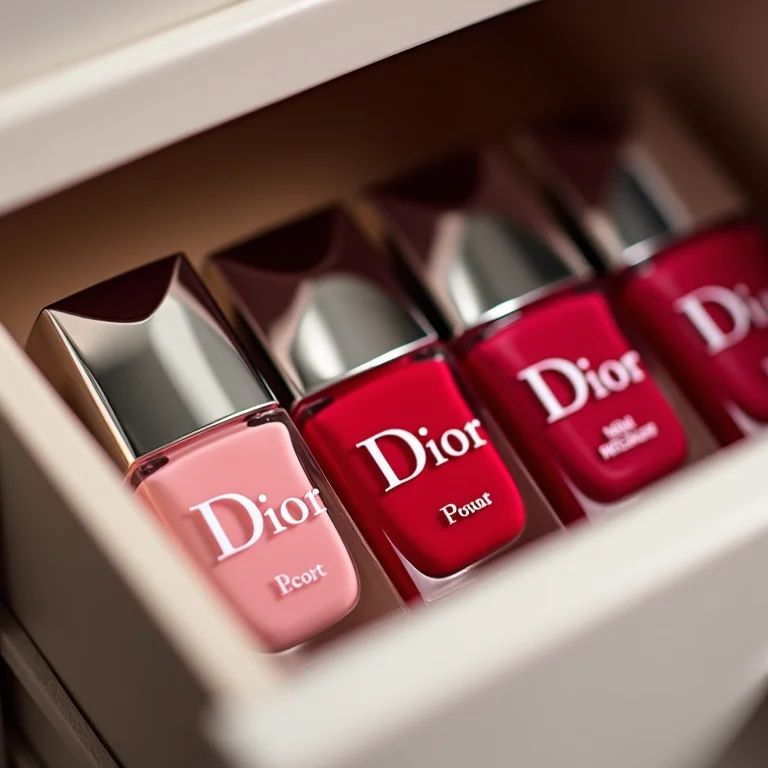 Frascos de esmalte Dior organizados em gaveta.