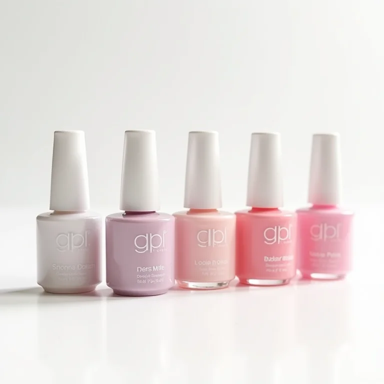 Frascos de esmalte em gel de diferentes marcas e cores dispostos em uma superfície branca.