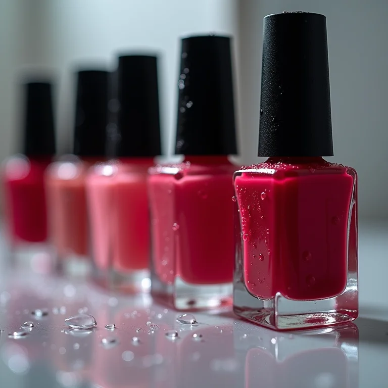 Frascos de esmalte em um banheiro úmido.