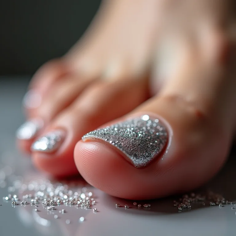 Glitter e pedrarias nas unhas dos pés.