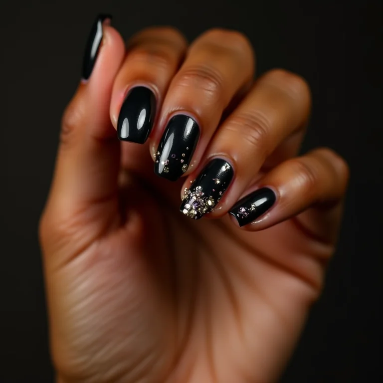 Glitter e pedras em unhas escuras