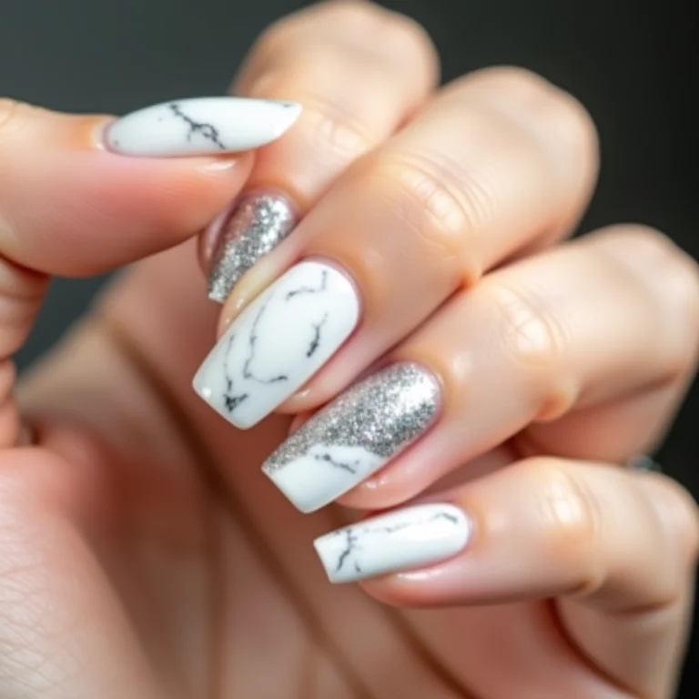 Glitter em unhas marmorizadas