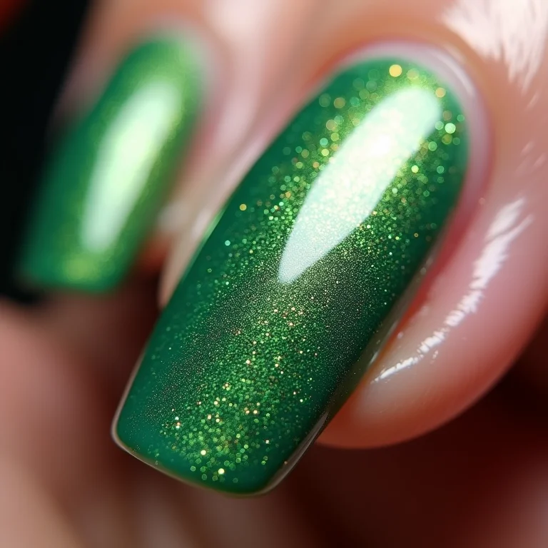 Glitter verde degradê em unhas ovais longas