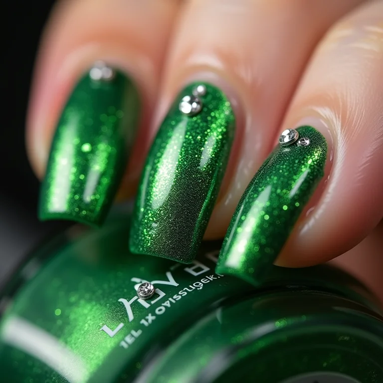 Glitter verde e pedrarias nas unhas