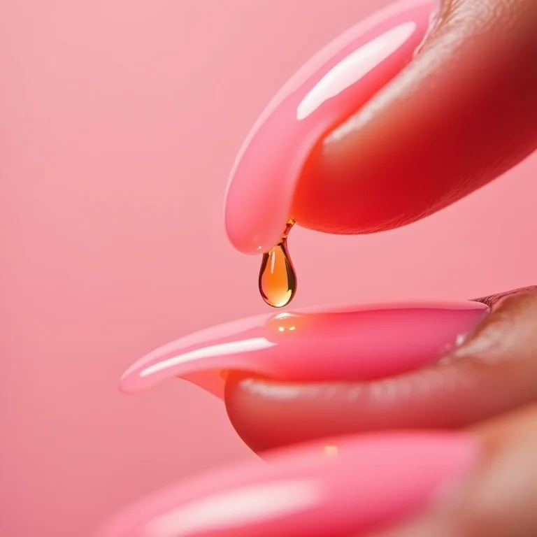 Gotas de óleo secante sobre unhas rosa brilhantes.