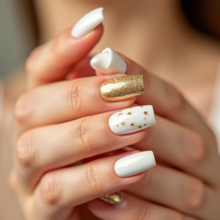 Inspirações de unhas branco e dourado