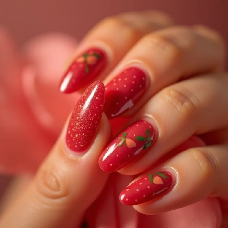 Inspirações para unhas de morango decoradas.
