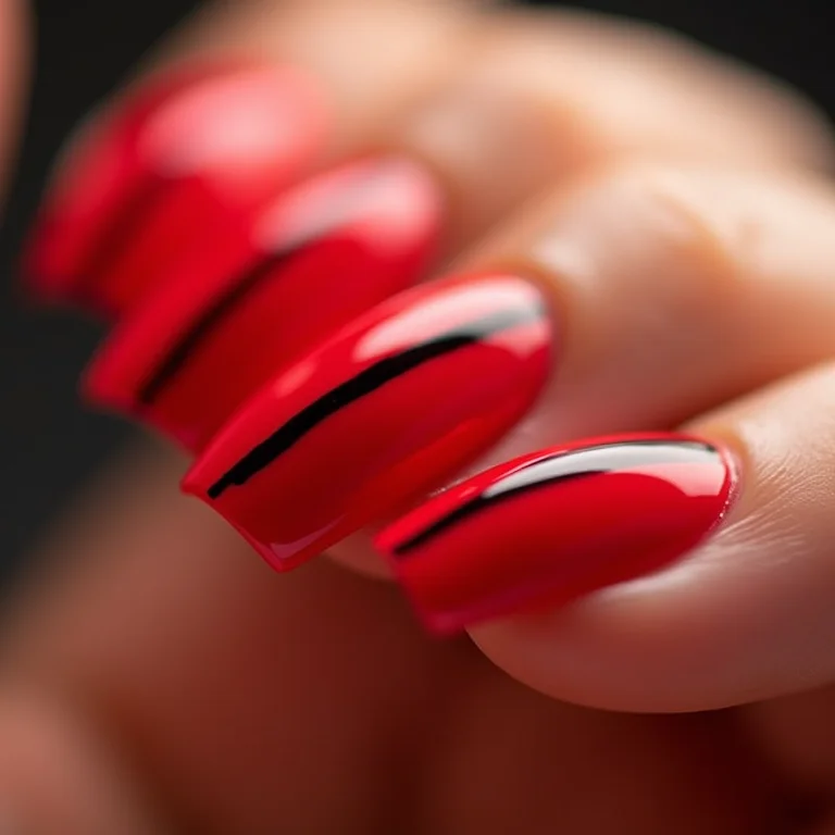 Listras verticais vermelhas e pretas em unhas longas