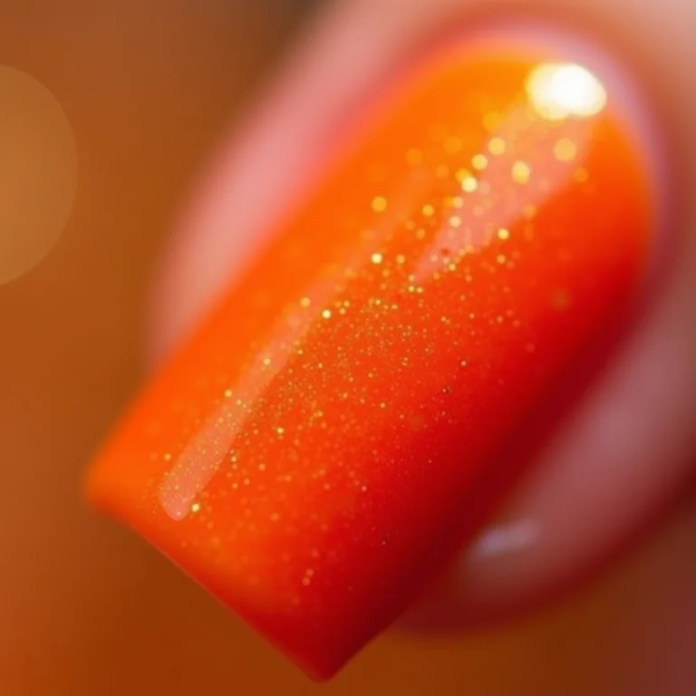 Macro de esmalte laranja vibrante com shimmer dourado