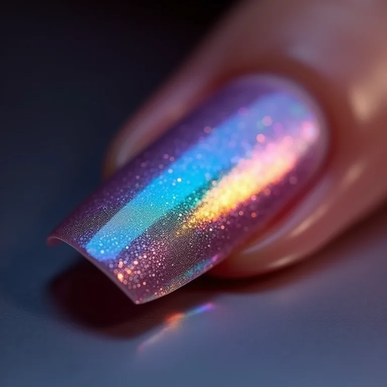 Macro de unha com efeito holográfico, arco-íris