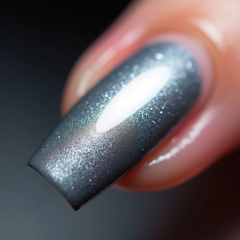 Macro de unha com efeito metalizado prata