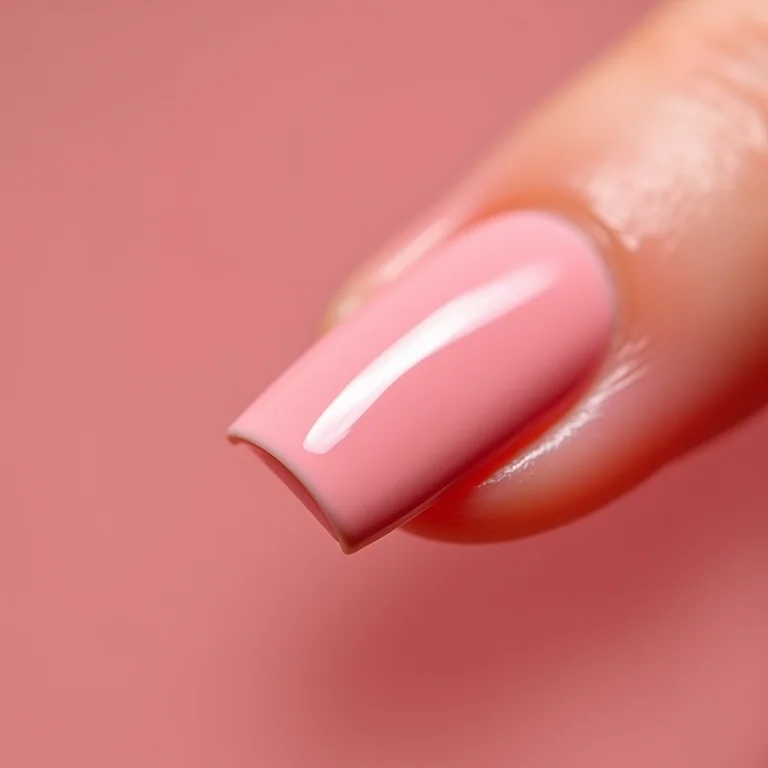 Macro de unha com esmalte Dior rosa pastel, foco em cutícula saudável.