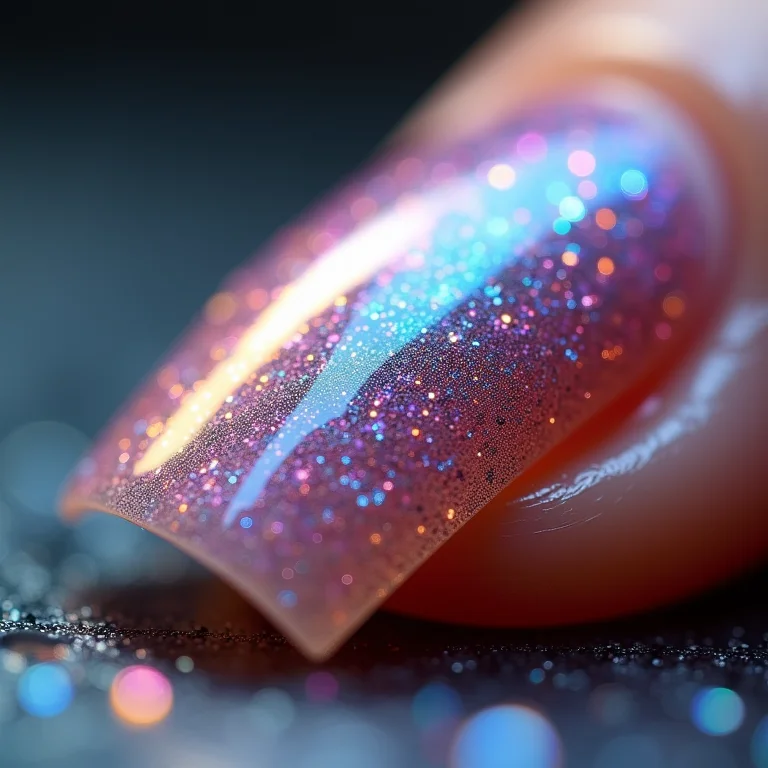 Macro de unha com flakes iridescentes, textura