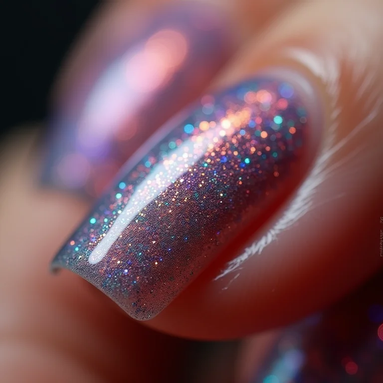 Macro de unhas com glitter iridescente