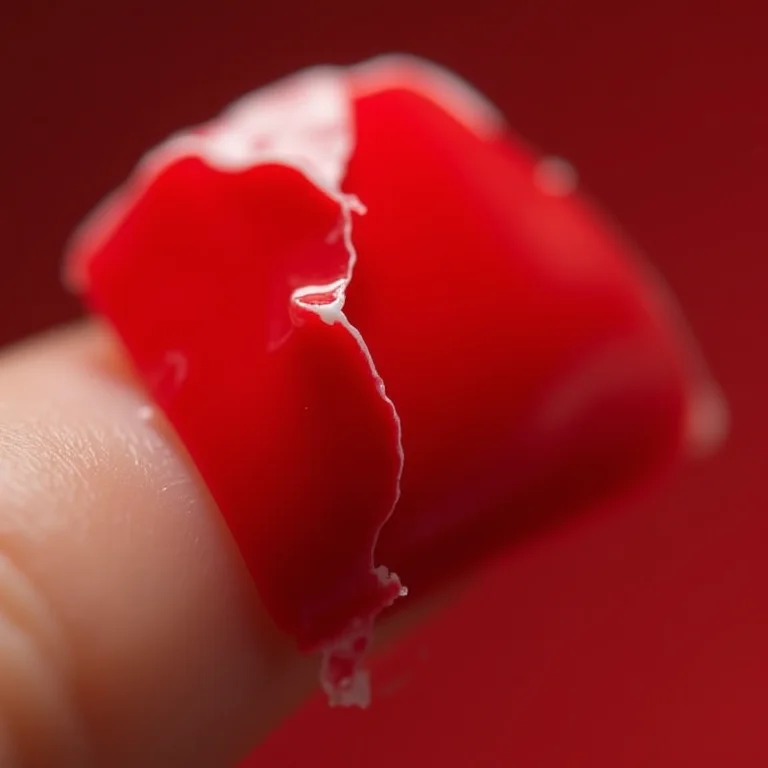 Manicure vermelha descascando devido à base inadequada.