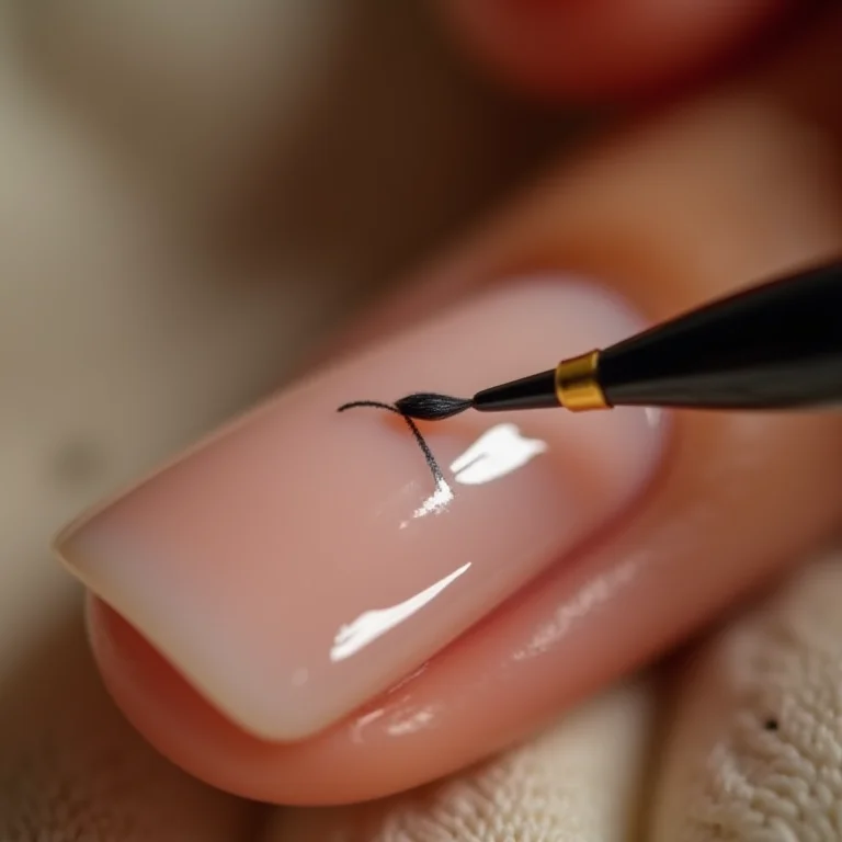 Mão aplicando linha fina com delineador de unhas