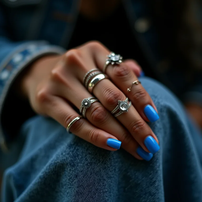 Mão com esmalte azul vibrante sobre jaqueta jeans