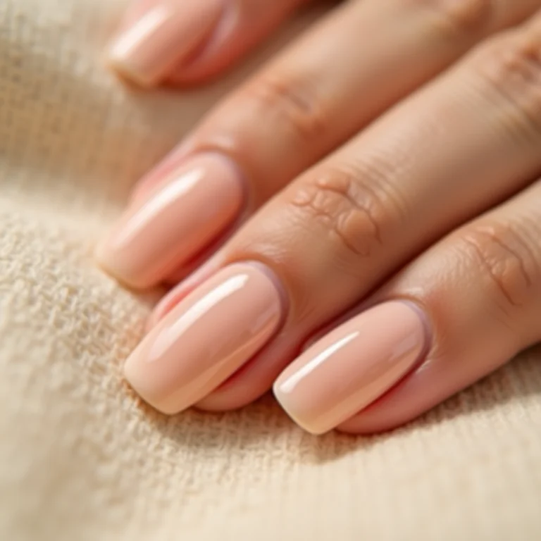 Mão feminina com unha nude clássico Top Beauty sobre tecido de linho bege.