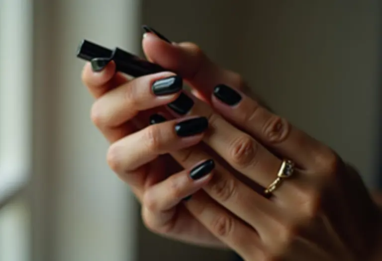 Mão feminina com unhas pretas recebendo segunda camada de esmalte