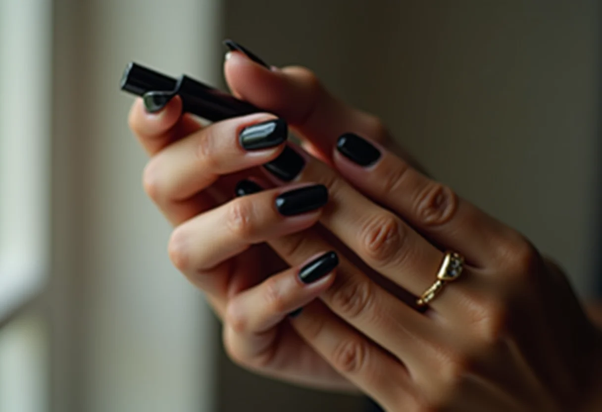 Mão feminina com unhas pretas recebendo segunda camada de esmalte