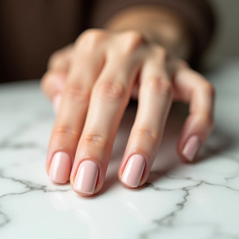 Mão feminina descansando sobre mármore com unhas bem cuidadas e esmalte hipoalergênico.