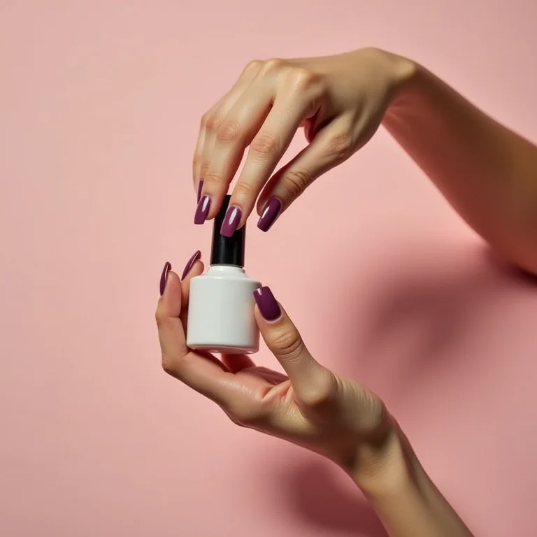 Mão feminina segurando diluente para esmalte com unhas bem cuidadas.