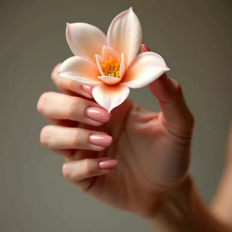 Mão feminina segurando flor delicada com unhas bem cuidadas e esmalte Mohda.