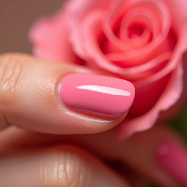 Mão feminina segurando rosa rosa com unha pintada com esmalte rosa romântico Top Beauty.
