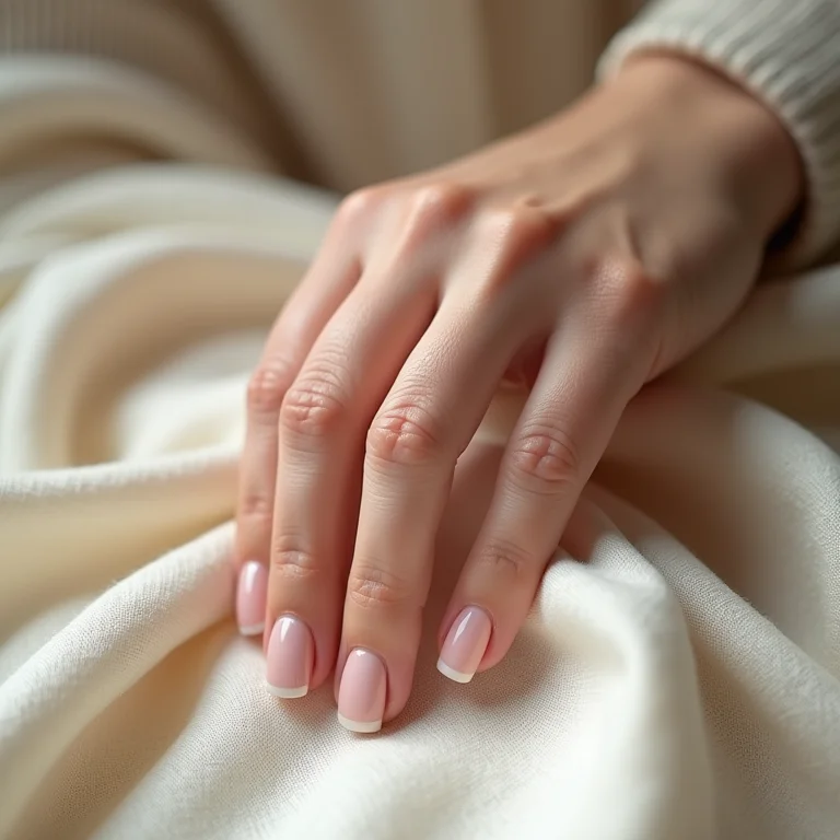 Mão feminina tocando tecido de linho texturizado com unhas bem cuidadas e esmalte brilhante.