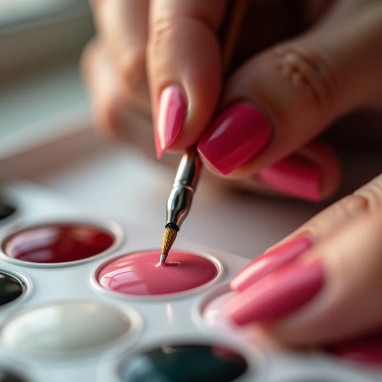 Mão misturando esmaltes com um pincel fino.