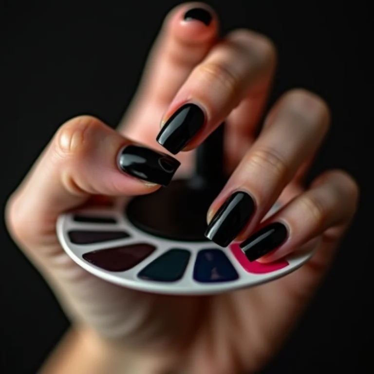 Mão segurando paleta de cores com diferentes tons de esmalte preto