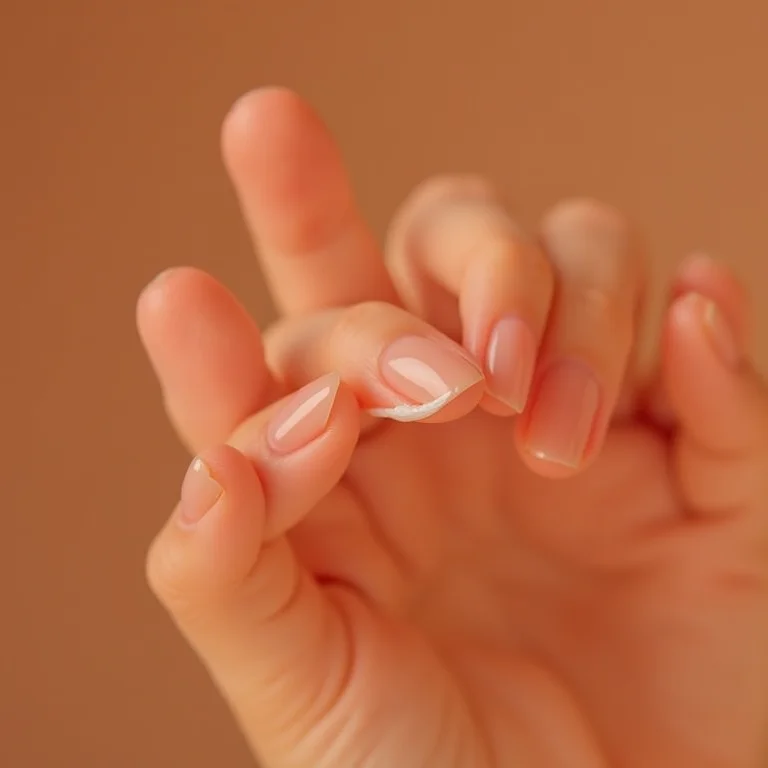 Mãos aplicando hidratante, com foco nas unhas.