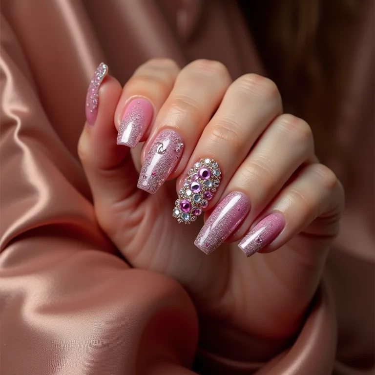 Mãos com diferentes designs de unhas com joias