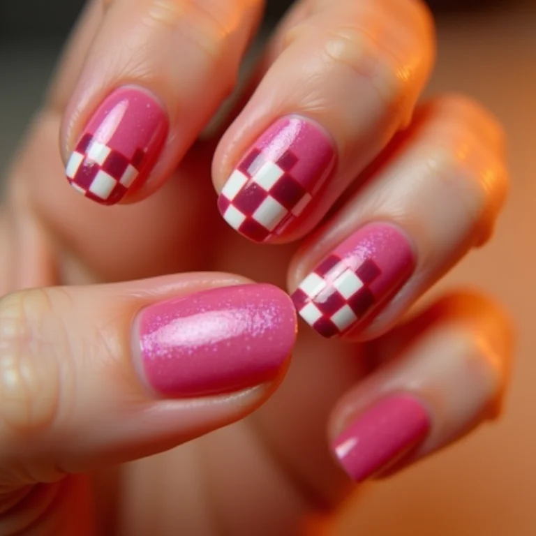 Mãos com diferentes estilos de unhas xadrez.