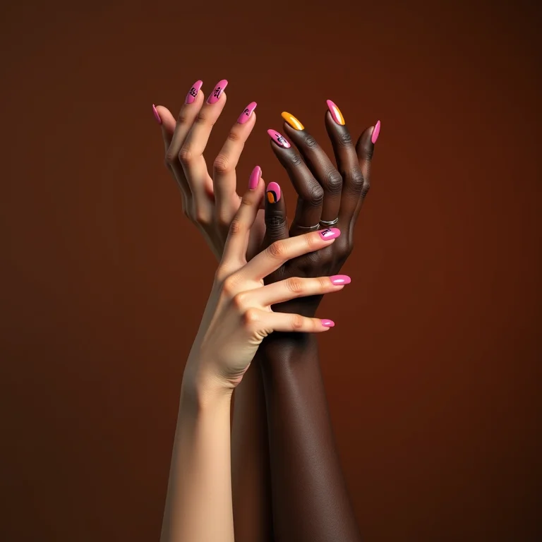 Mãos com diferentes tons de pele exibindo unhas decoradas com a letra Y