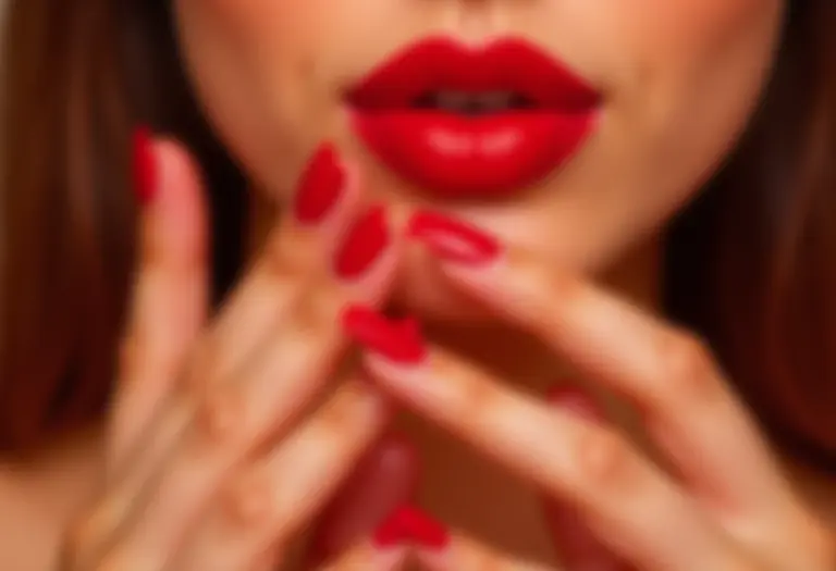 Mãos com esmalte vermelho impecável tocando o queixo.