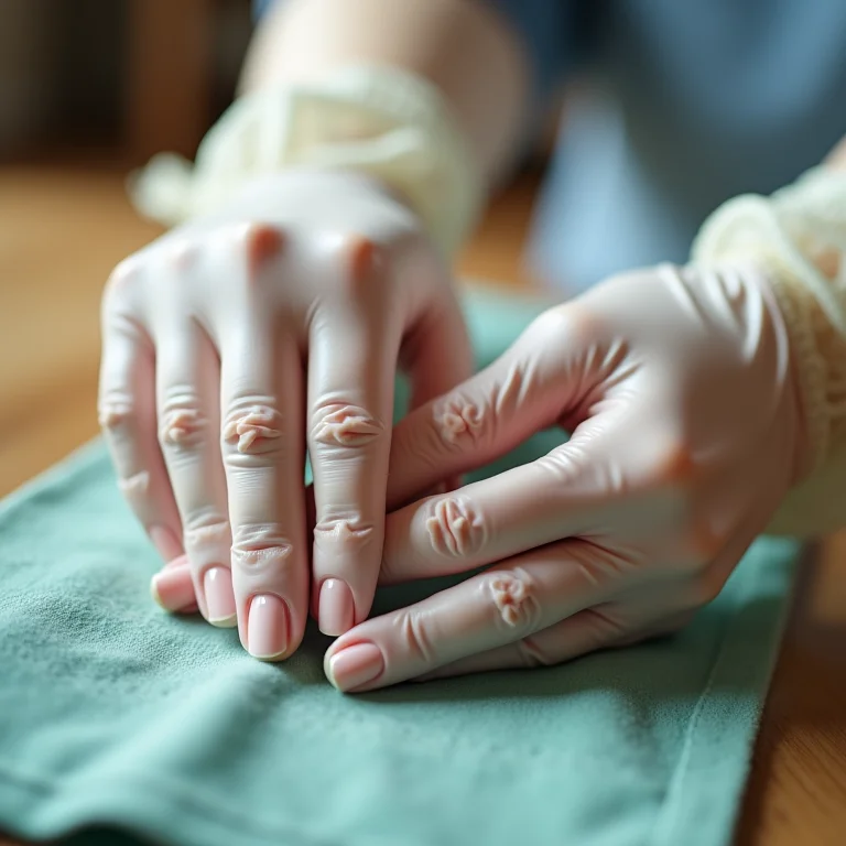 Mãos com luvas protegendo as unhas durante a limpeza