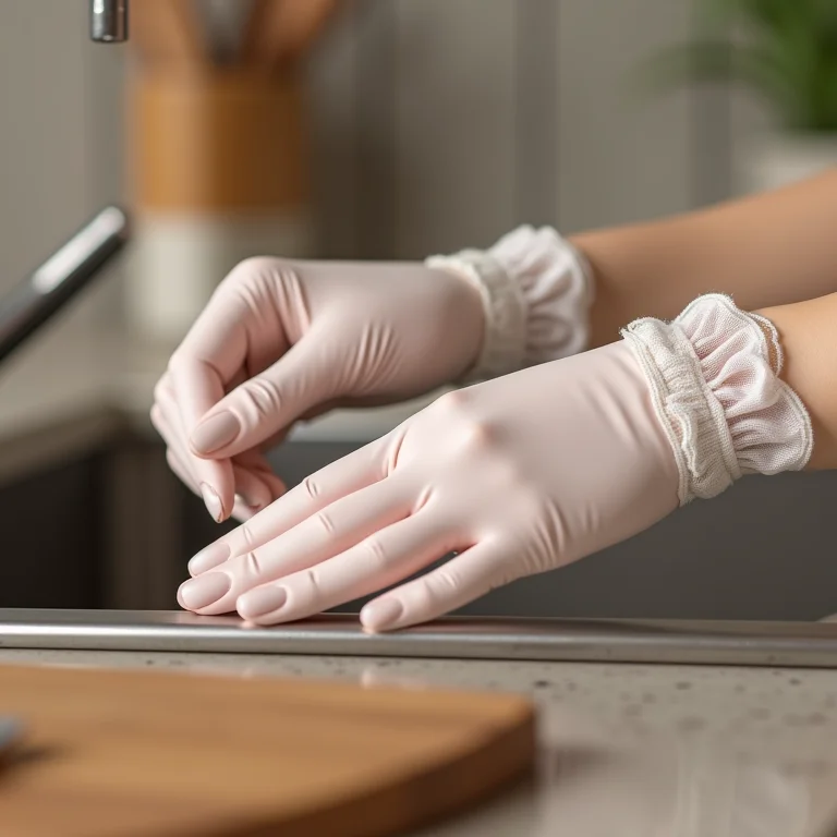 Mãos com luvas protegendo as unhas durante tarefas domésticas.