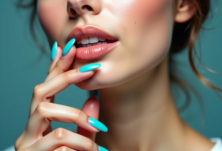 Mãos com unhas azul turquesa tocando o queixo