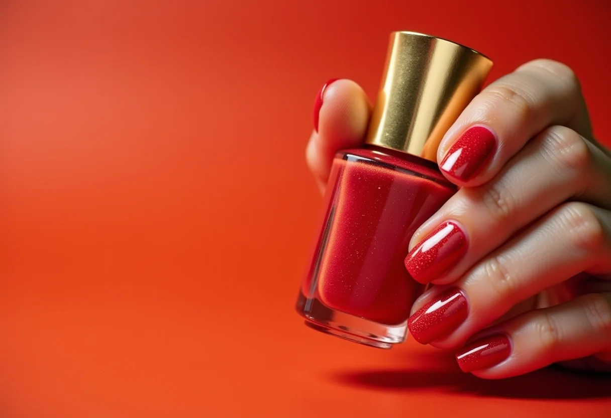 Mãos com unhas coloridas segurando clutch dourada.