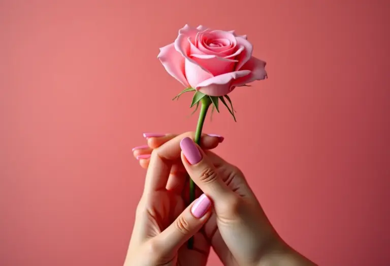 Mãos com unhas decoradas em tons de rosa segurando uma rosa.