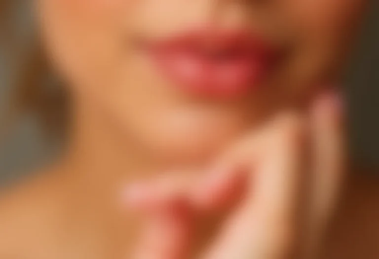 Mãos com unhas em gel nude tocando o queixo.