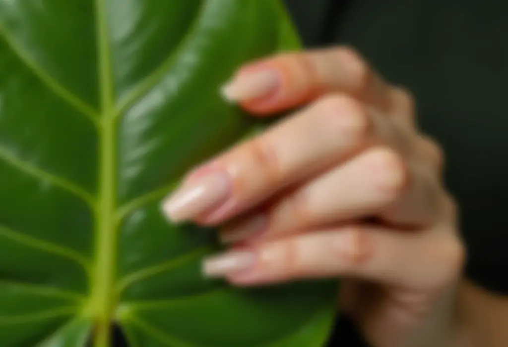 Esmalte perfeito: o truque caseiro das manicures famosas Mãos com unhas nude segurando folha de monstera.