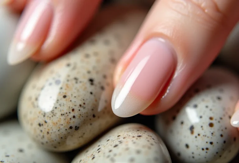 Mãos com unhas nude tocando pedra natural