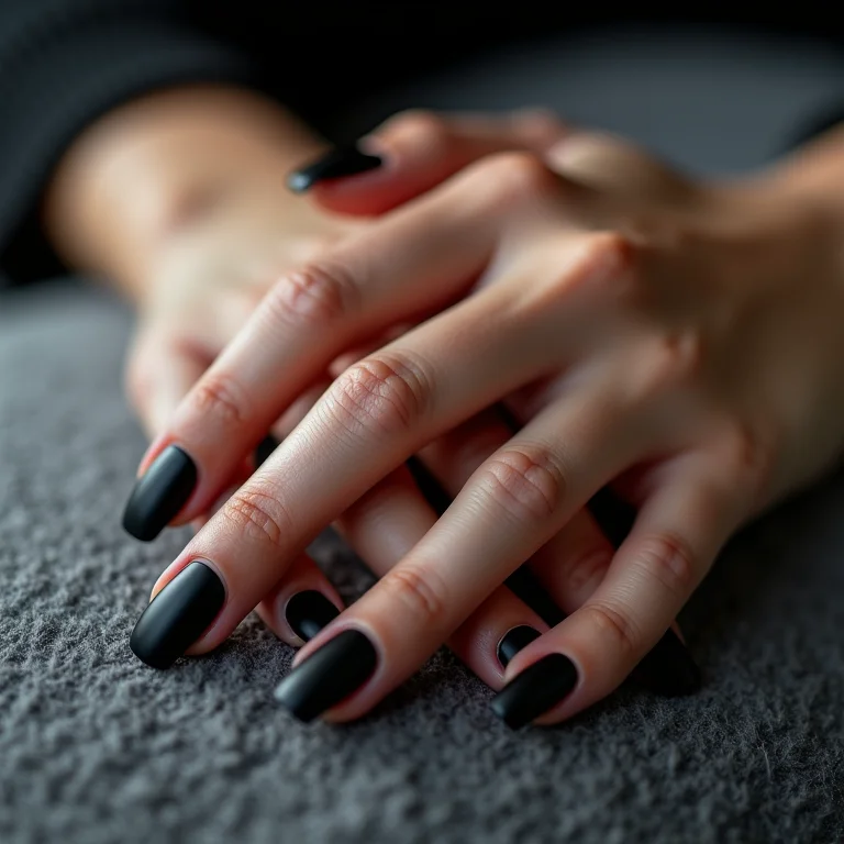 Mãos com unhas pretas foscas em tecido de lã cinza.