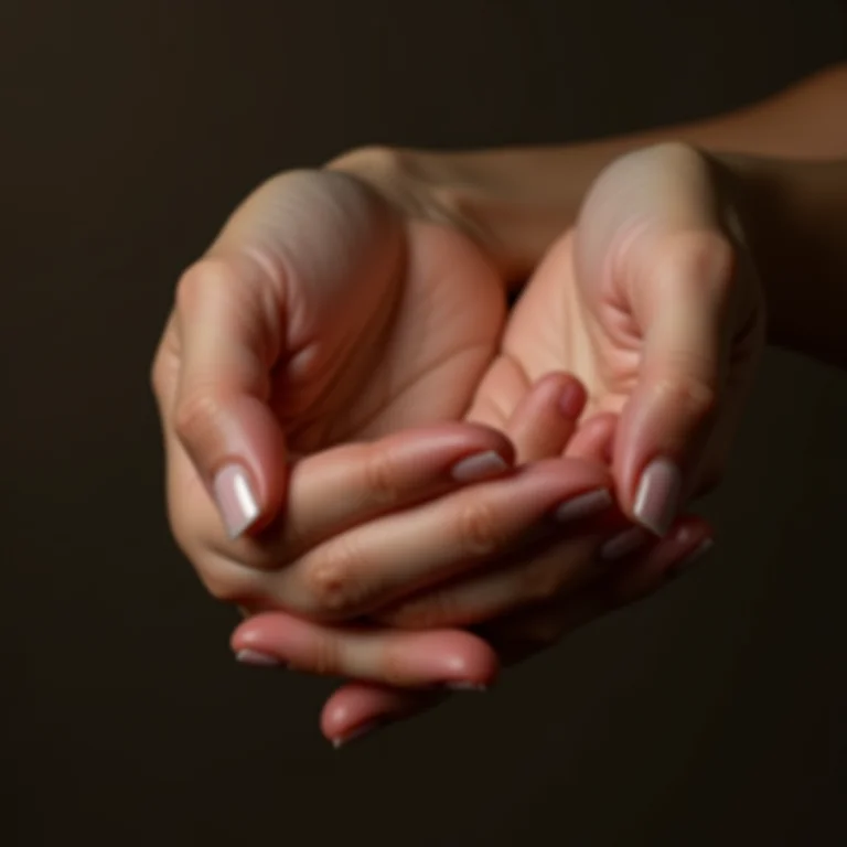 Mãos de adulto segurando mão de criança com unhas naturais.