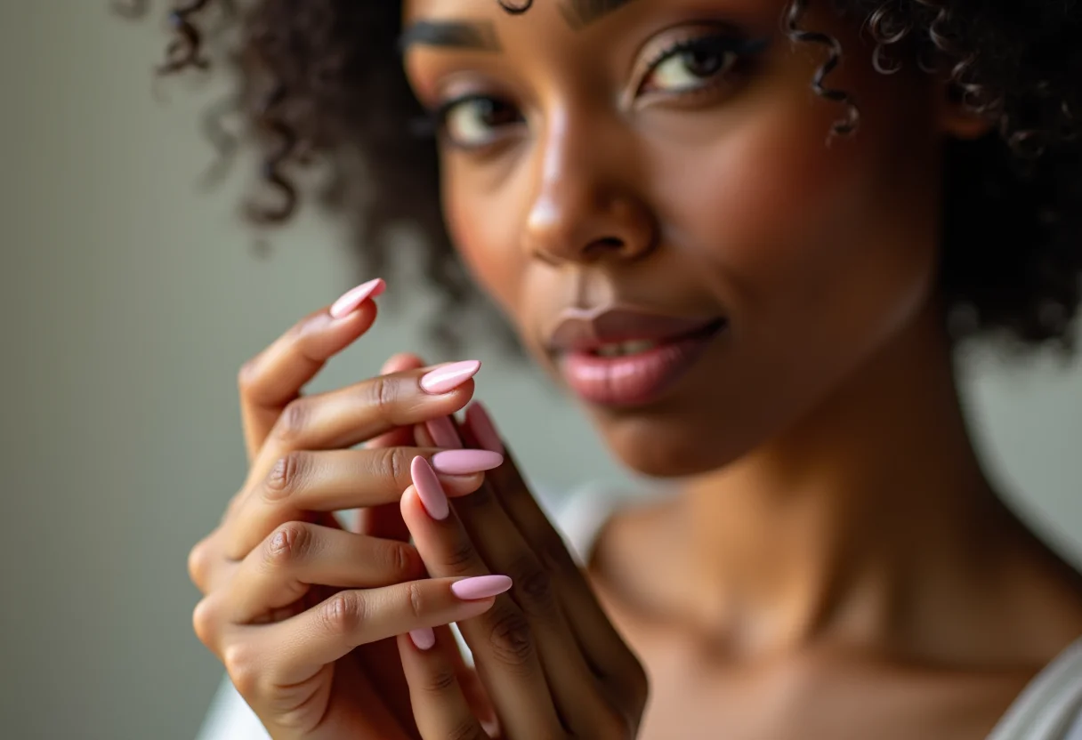 Mãos de mulher aplicando esmalte transparente de secagem rápida.