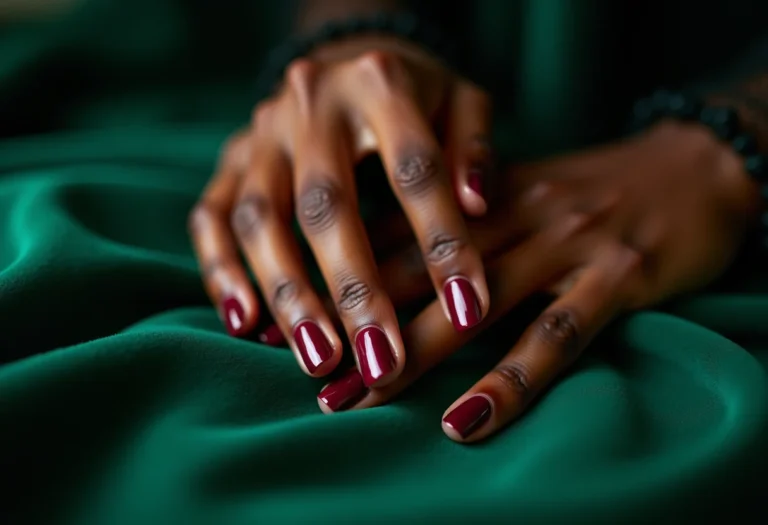 Mãos de pele negra com esmalte vinho em veludo esmeralda
